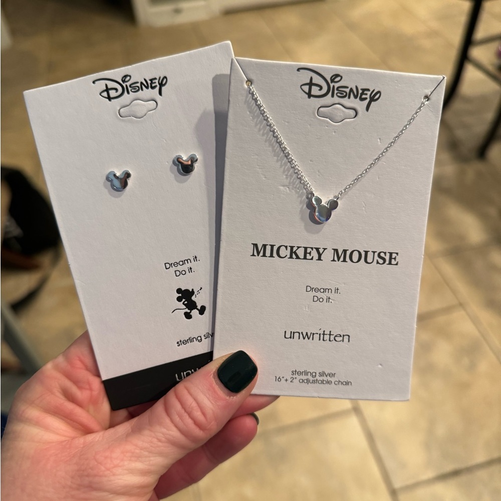 Mickey Mouse jewelry - silver necklace & stud earrings set